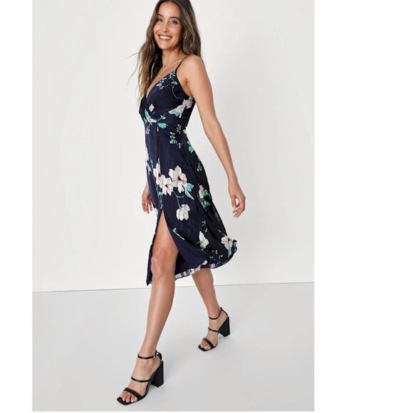 Lulus All About Love Navy Blue Floral Print Midi Dress Size XS NEW NWT - Picture 2 of 6